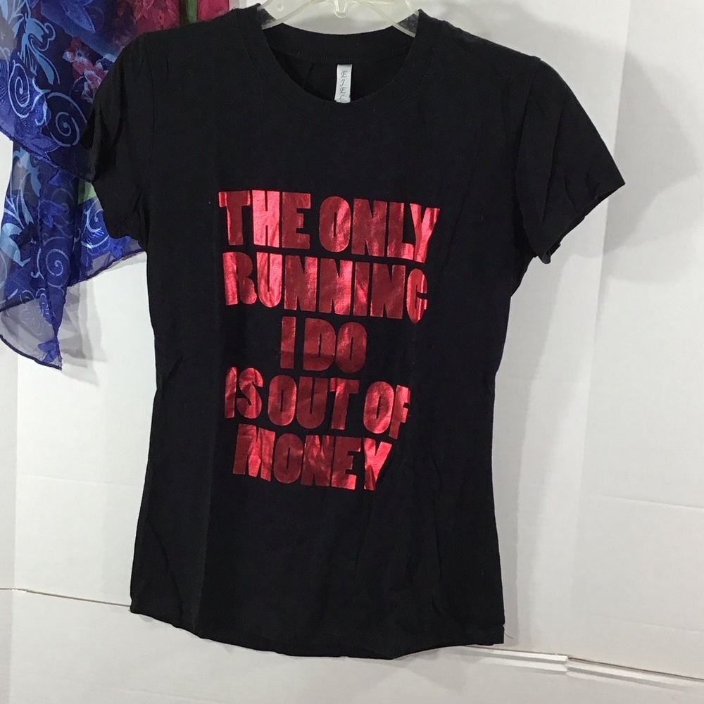 Novelty Black Graphic Tee with Red Foil Text - Women